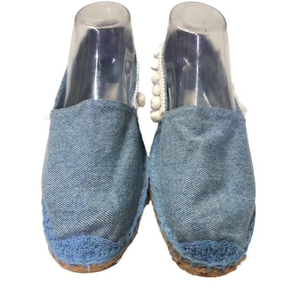 DOPPIO Italy Womens Flats 8 Blue Crochet Denim Cream Pom Pom Espadrilles Slip On - Picture 9 of 10